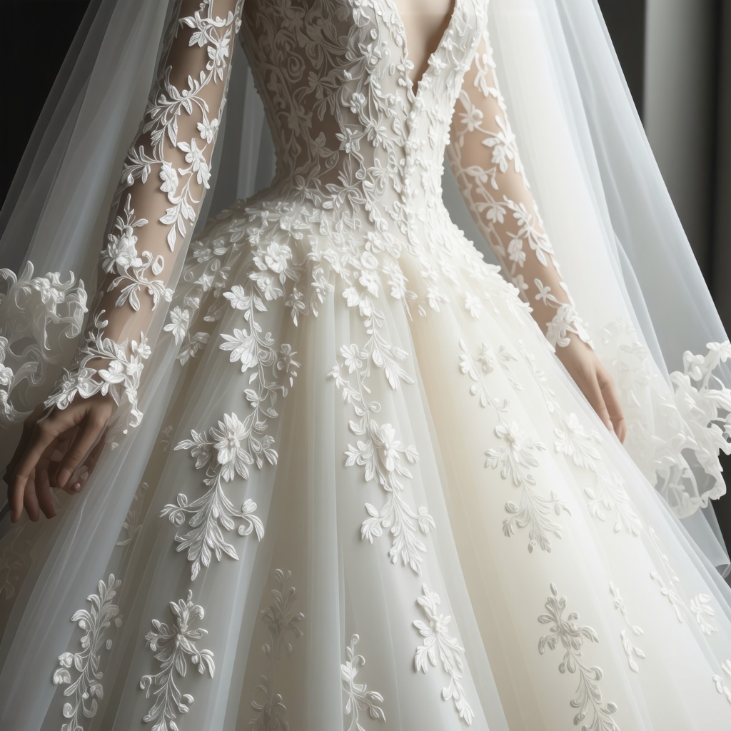 Close-up of a vintage wedding gown with detailed lace and embroidery in a preservation setting
