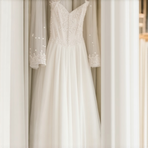 Close-up of vintage wedding gown with embroidery and beads stored in museum-quality preservation materials