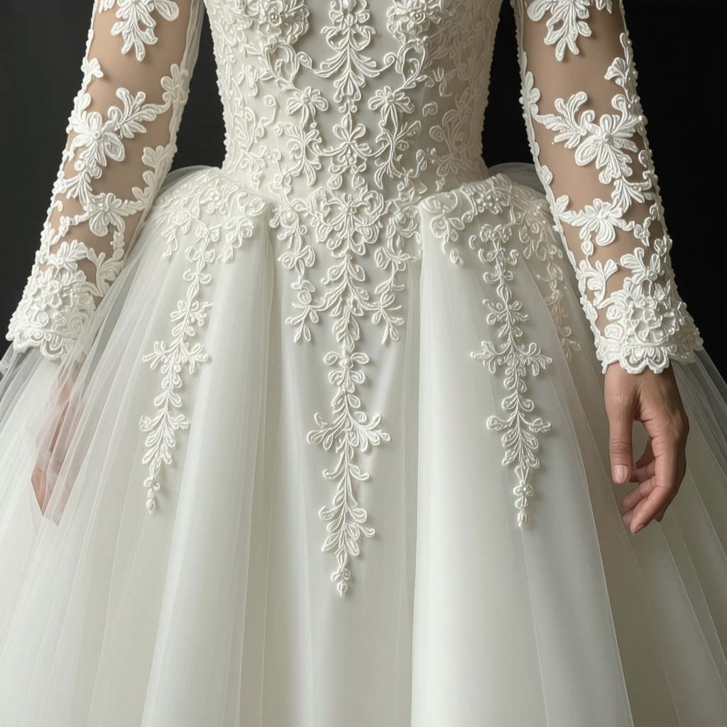 Close-up of vintage wedding gown with lace and embroidery, preserved with acid-free tissue and climate-controlled storage.