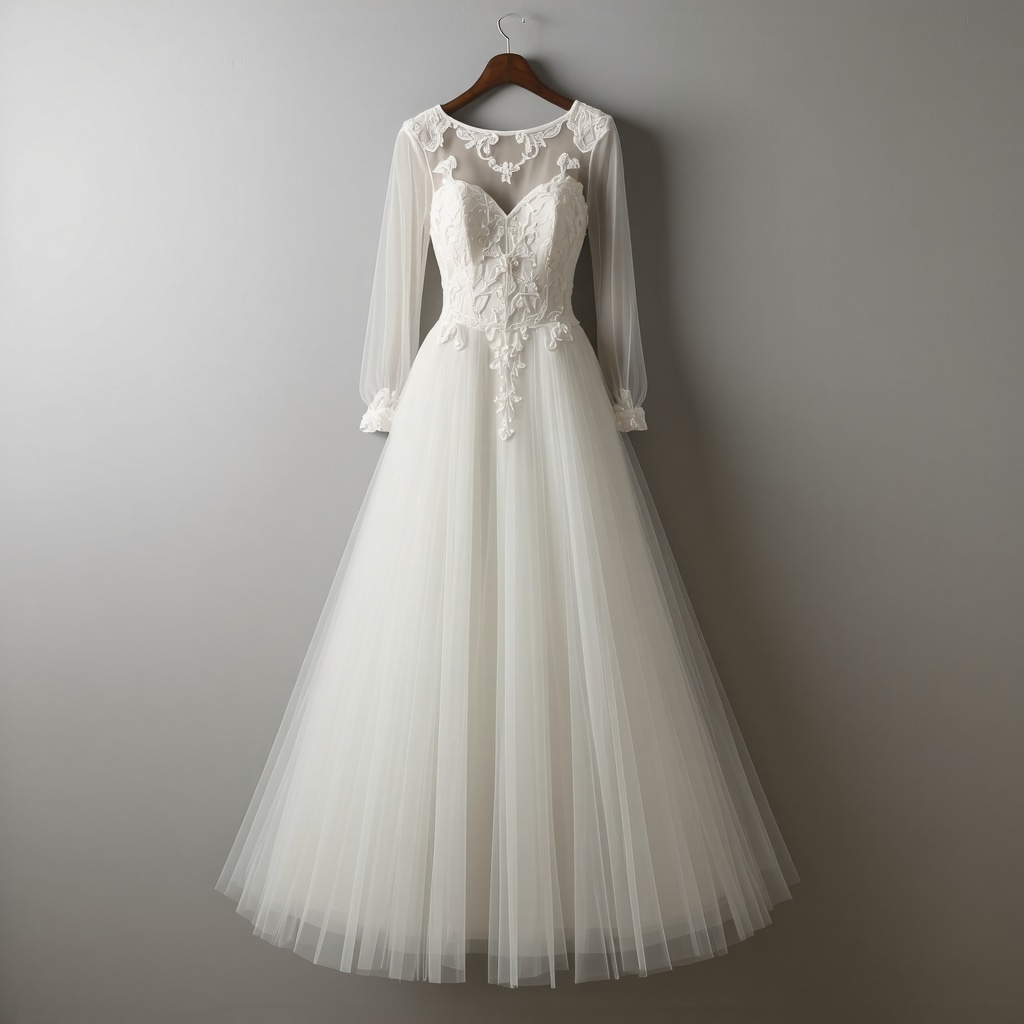 Vintage wedding dress with lace and beads stored in eco-friendly packaging.