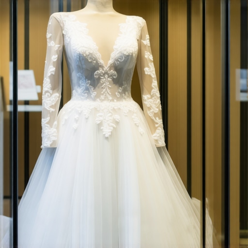 A beautifully preserved vintage wedding dress displayed in a protective case in Tampa
