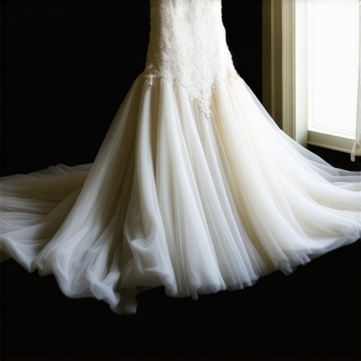 Vintage wedding gown stored in a preservation box with Tampa cityscape in background.