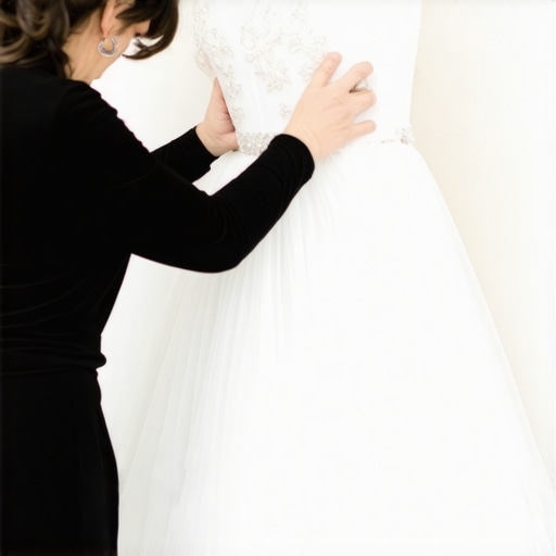 A conservator supporting a vintage wedding gown with custom mounts in a preservation studio.