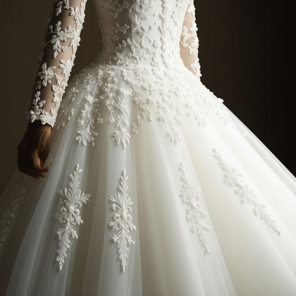 Close-up of delicate lace and beadwork on a vintage wedding gown stored properly in Tampa