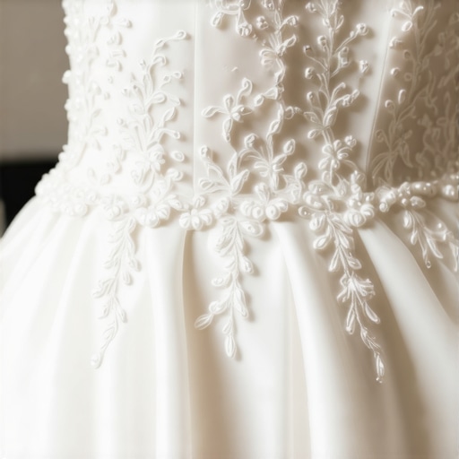 Vintage wedding gown with lace and beadwork stored in archival box.