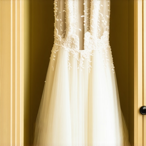 Beautiful vintage wedding gown stored in eco-friendly preservation box with Tampa skyline in background