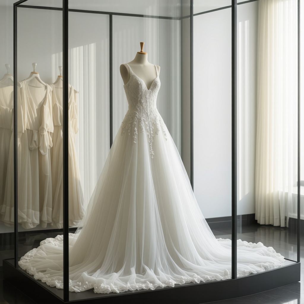Elegant vintage wedding gown in a preservation display case in Tampa