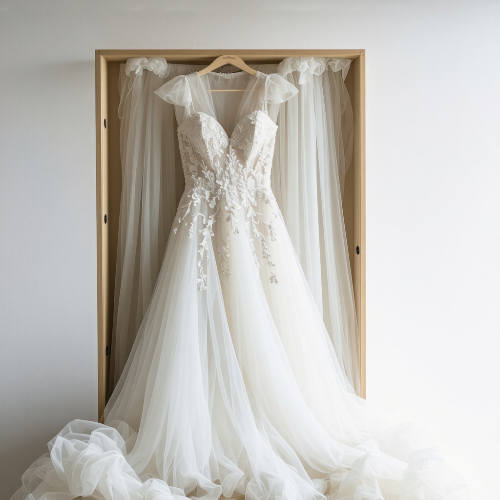 Vintage wedding gown stored in archival box with preservation materials
