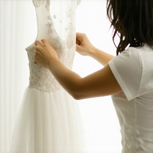 Expert carefully preserving a wedding gown in a professional studio.