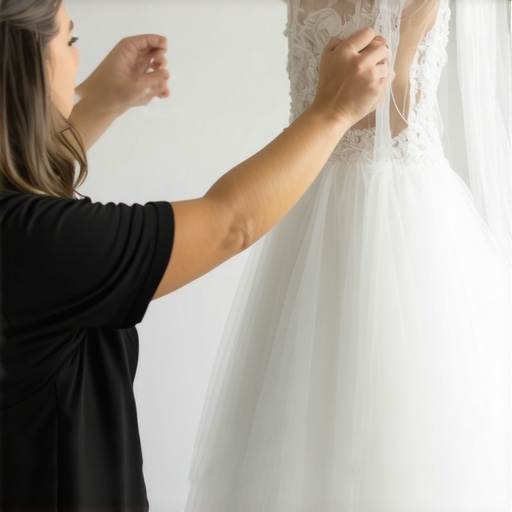 Expert handling vintage wedding gown in Tampa studio