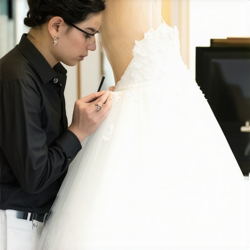 Professional cleaner examining delicate wedding dress with tools