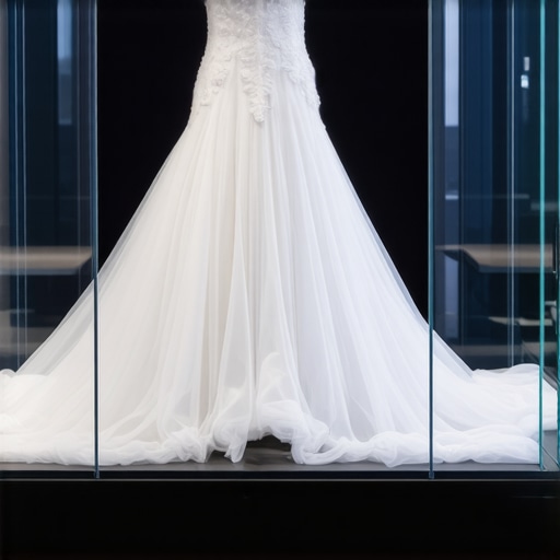Elegant wedding gown in a climate-controlled display case demonstrating preservation techniques.