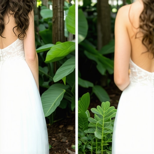 Beautiful wedding dress in greenery, symbolizing eco-friendly care.