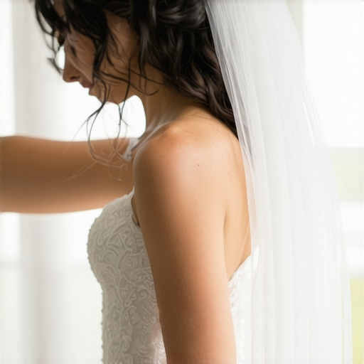 Bride carefully cleaning wedding gown with eco-friendly solution in Tampa