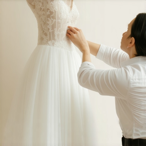 Conservator inspecting delicate vintage wedding gown in climate-controlled storage