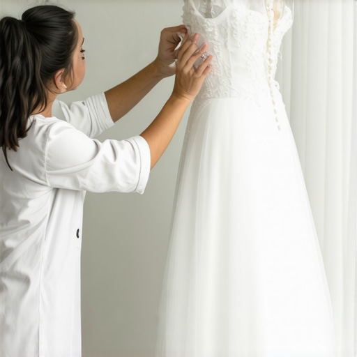 A professional conservator examining a vintage wedding dress in a controlled environment, showcasing detailed preservation techniques.