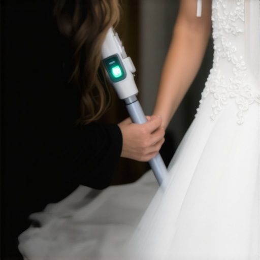 Specialist performing laser cleaning on a delicate wedding gown for preservation.