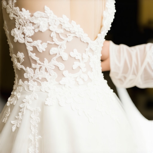 Close-up of vintage lace and silk wedding gown being carefully cleaned with laser technology, expert hands