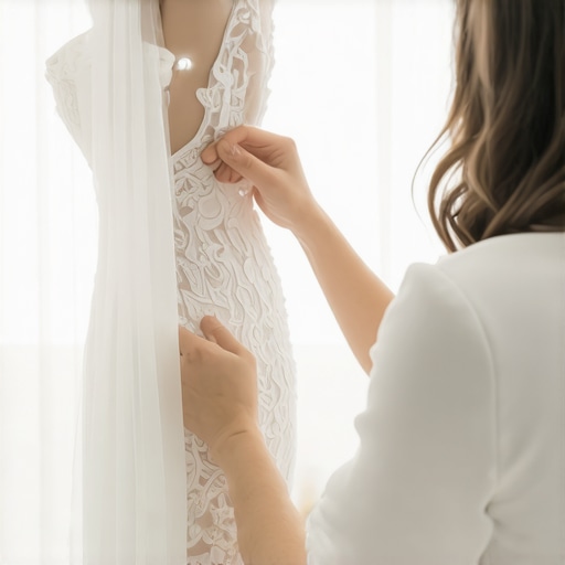 Wedding dress cleaner examining lace gown in Tampa studio