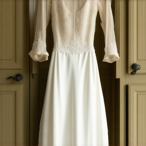 Elegant vintage wedding gown stored in a climate-controlled environment demonstrating preservation methods