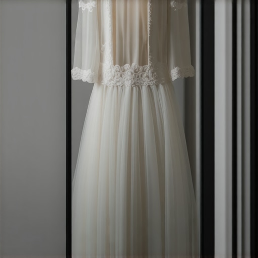 Vintage wedding gown stored in a preservation box, showcasing delicate fabrics and lace, in a climate-controlled environment