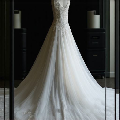 Elegant vintage wedding gown stored in a climate-controlled environment with preservation equipment.