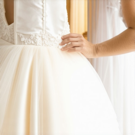 Expert cleaning of wedding dress satin and tulle fabrics with stain removal tools.