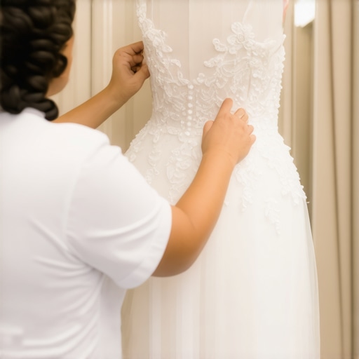 Expert inspecting a wedding gown's intricate beadwork and lace in a boutique