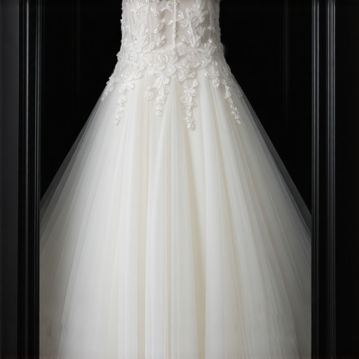 A wedding gown stored in a museum-quality climate-controlled box, illustrating preservation methods