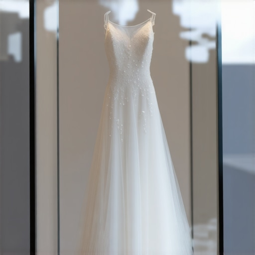 Beautifully preserved wedding gown in a protective display case