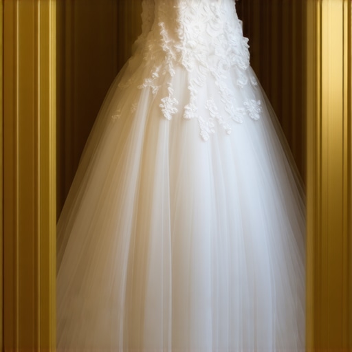 A wedding gown stored in an acid-free box in a climate-controlled environment, illustrating proper preservation techniques.