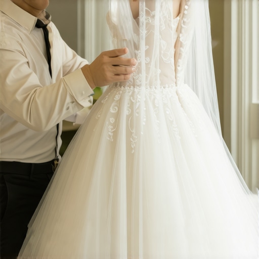 A preservation expert carefully vacuum-sealing a wedding dress in archival bags in a climate-controlled room.