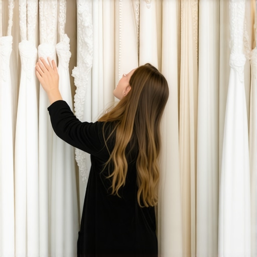 Advanced Wedding Gown Preservation Preservation expert carefully examining a wedding gown in a climate-controlled environment