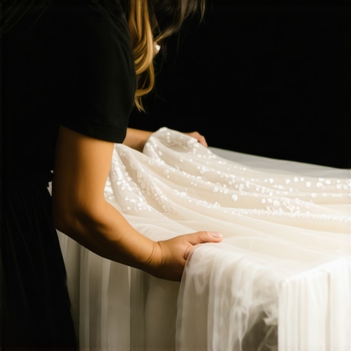 Expert carefully packing wedding gown into archival box for preservation