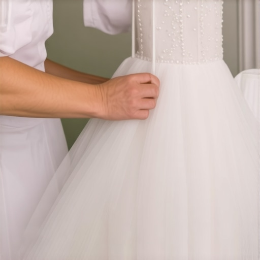 A person gently cleaning a wedding dress with eco-friendly methods.