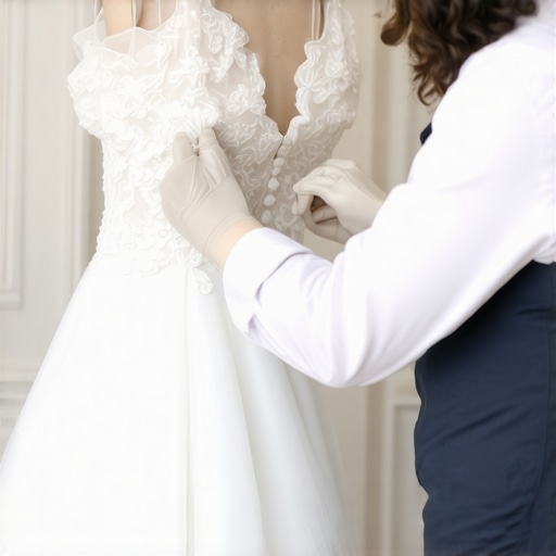 A professional cleaner delicately treating a wedding dress for stain removal.