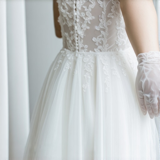Vintage wedding gown being delicately handled with gloves in a Tampa-based cleaning facility
