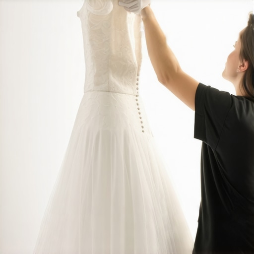Expert cleaner carefully handling vintage wedding dress in Tampa studio