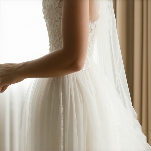A bride's wedding dress being carefully steamed to remove wrinkles, showcasing delicate fabric care.