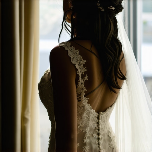 Bride inspecting her wedding dress for stains Bride carefully examining her silk lace wedding gown for damage and stains