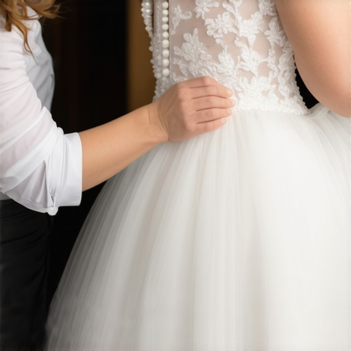 Professional attire gently handling a delicate wedding gown during cleaning process.