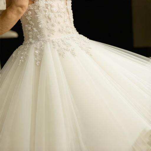 A professional cleaning expert carefully treating a wedding gown's stained area with specialized tools.