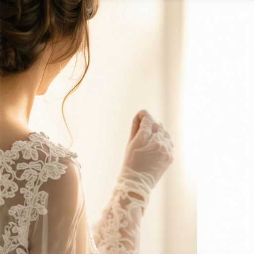 A professional cleaner in gloves examining a vintage wedding gown for stains and delicate areas.