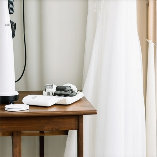 A collection of professional wedding gown preservation tools including a steamer, archival boxes, and stain removers