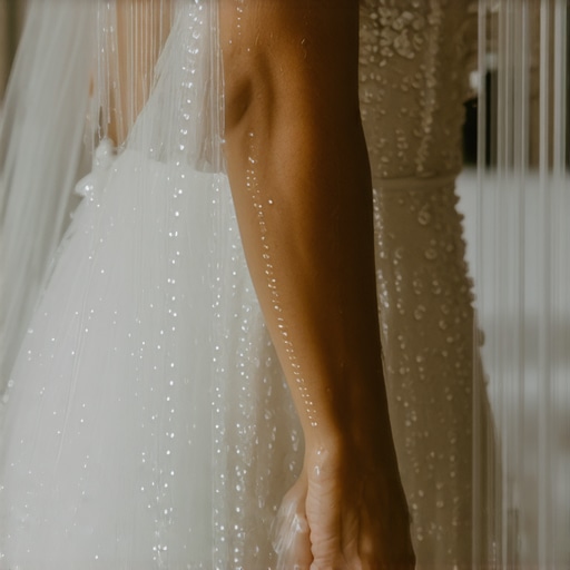 Bride's gown being softly rinsed with water to remove sand and salt.