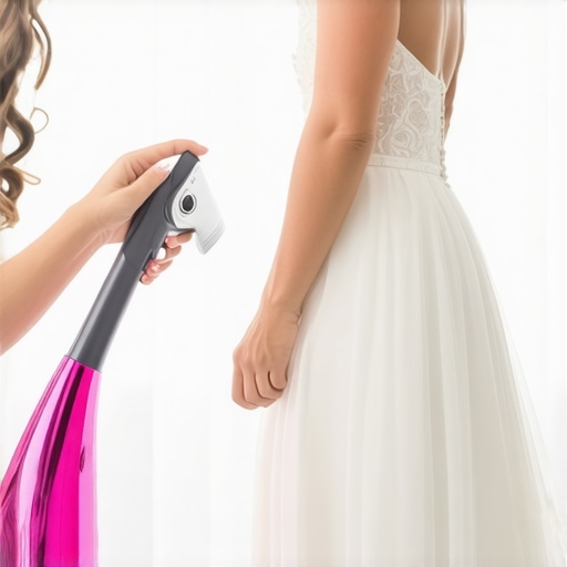 A person carefully steaming a wedding dress with a handheld steamer to keep it pristine for storage
