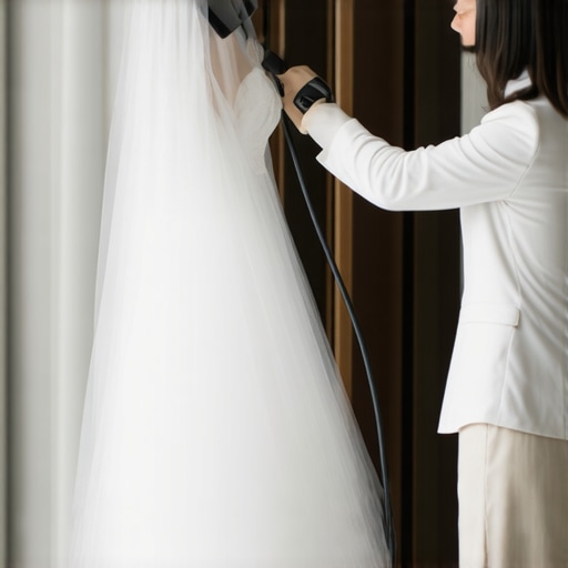 A wedding gown being gently steamed using a professional device to prevent damage and maintain fabric integrity