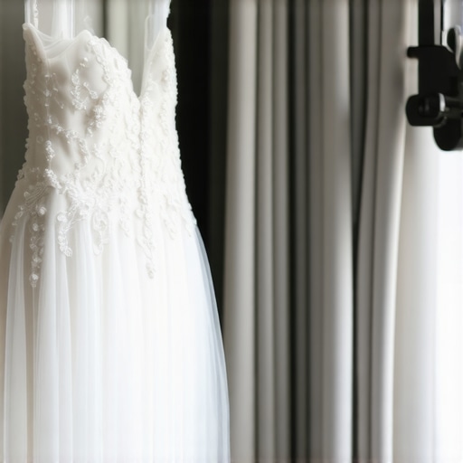 A bride's wedding gown being carefully cleaned with professional tools in a Tampa bridal shop