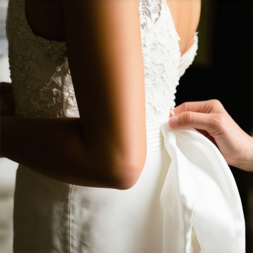Bride carefully blotting a wedding gown stain with a cloth to prevent damage.