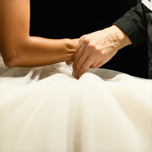 Close-up of a groomed wedding dress being carefully treated by a specialist in a clean, well-lit studio.